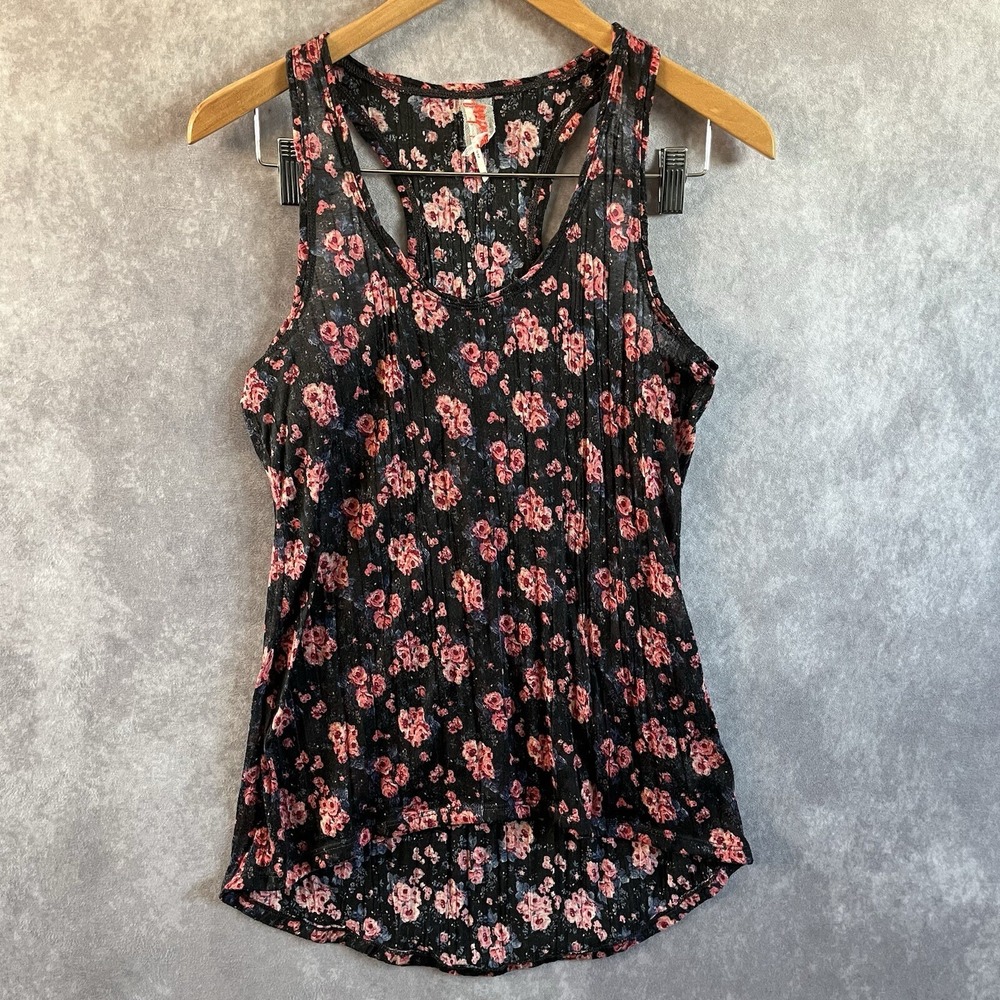 Free People Tank Top Women XS Black Pink Floral Racerback High Low Sheer RARE
